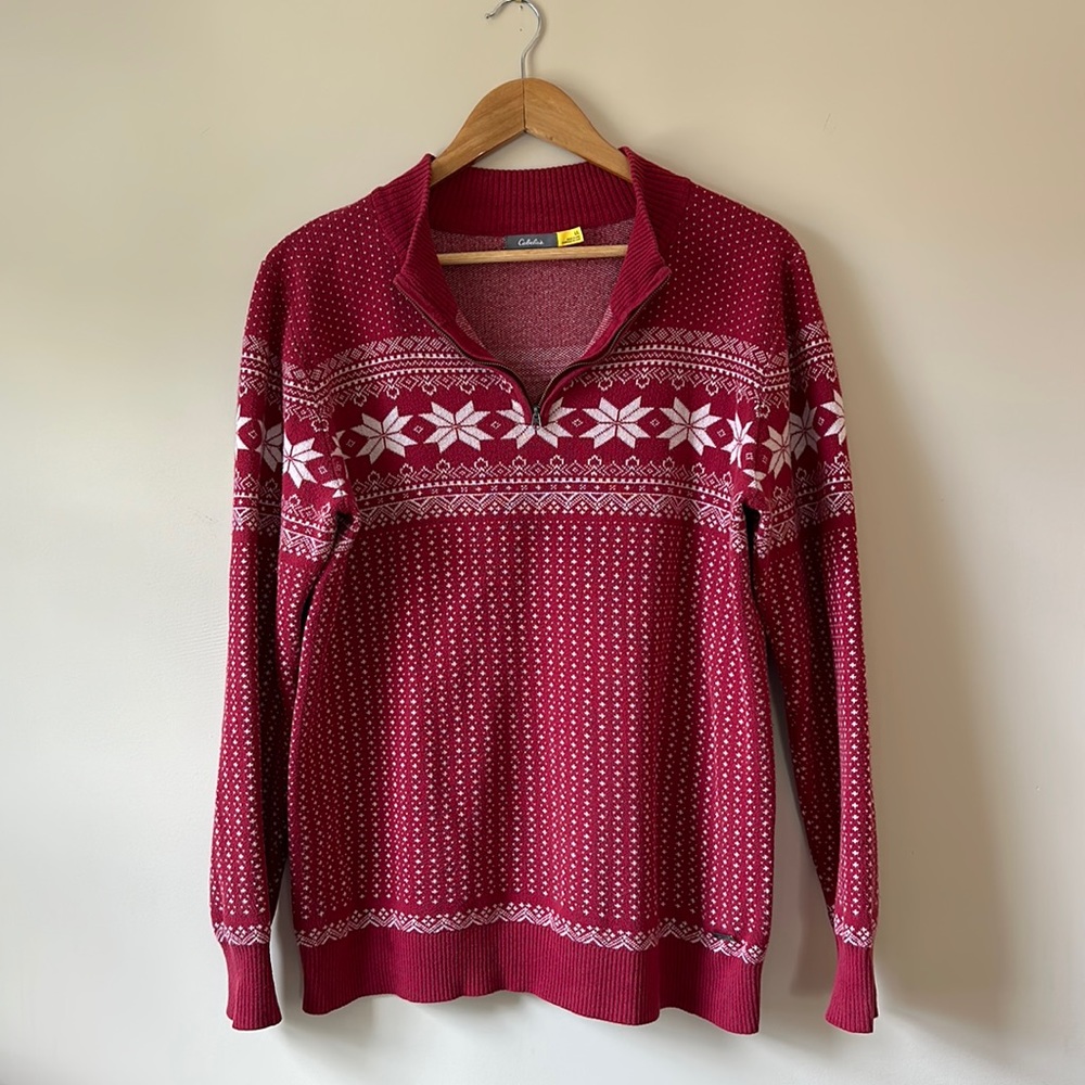Cabela’s Red Fair Isle Quarter-Zip Sweater (100% Cotton) Size Large